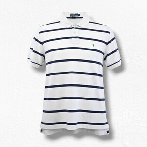 Y2K Polo Ralph Lauren White Navy Striped Polo Cotton Pony Logo Classic Shirt XL